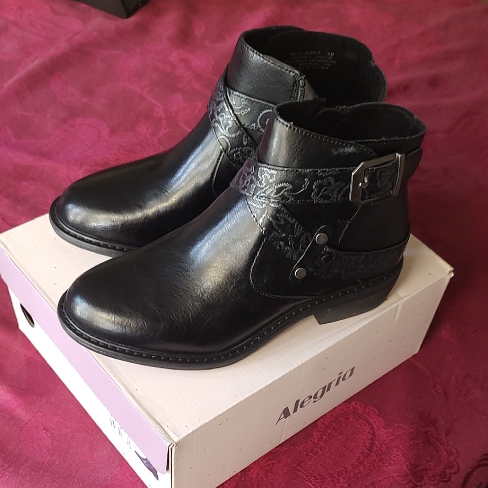 Alegria Black Leather Buckle Embossed Ankle Booties  New, Never Worn